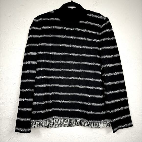 Ming Wang Black White Chunky Knit Sweater Womens M Fringe Preppy Pullover Mock - Picture 1 of 10